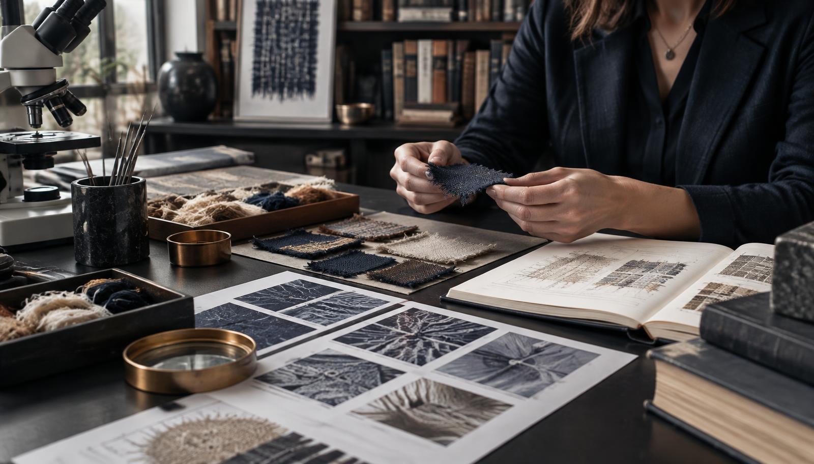 Textile research in progress — fabric swatches, microscopy and reference material on a study desk