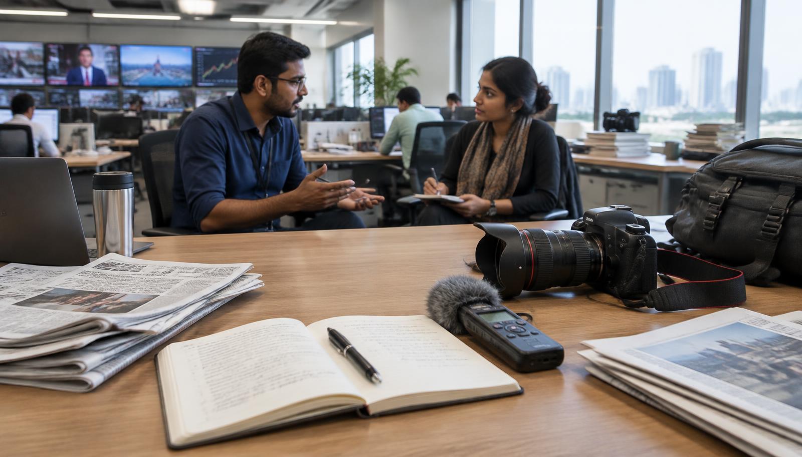 Illustrative newsroom scene with journalists, a notebook and interview equipment