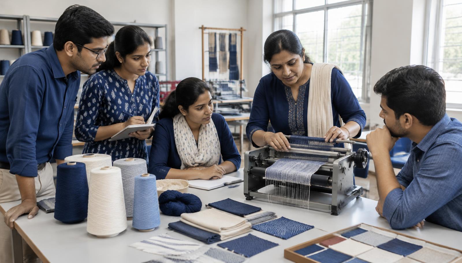 Illustrative hands-on textile education session with a demonstration loom