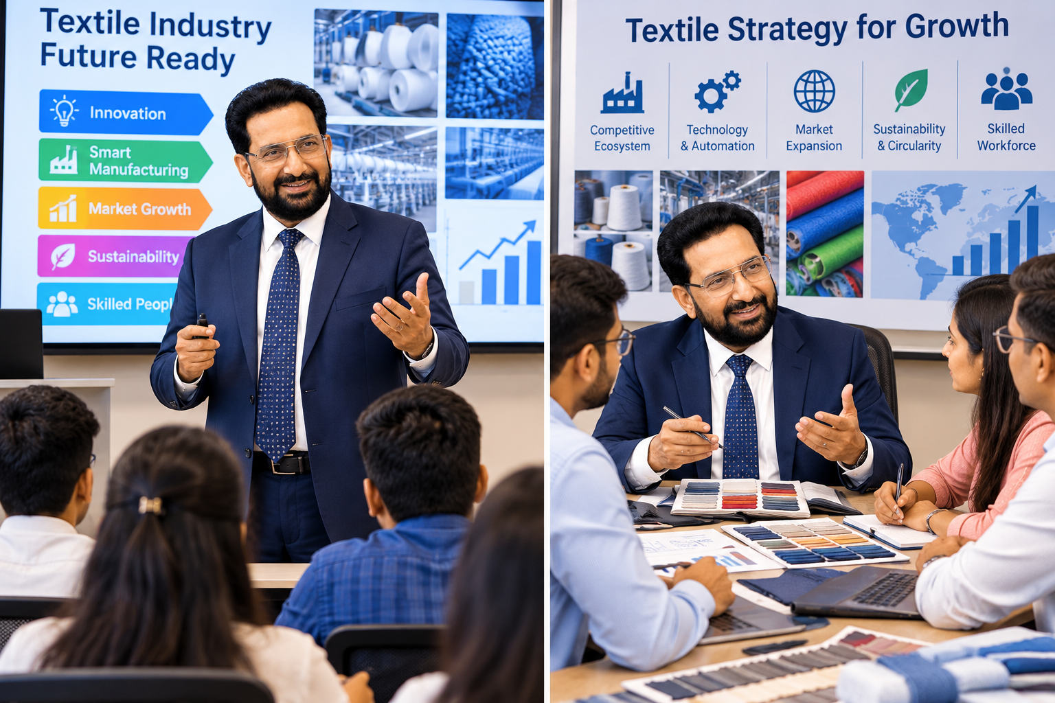 Amrish Bhatt discussing future-ready textile strategy with industry professionals