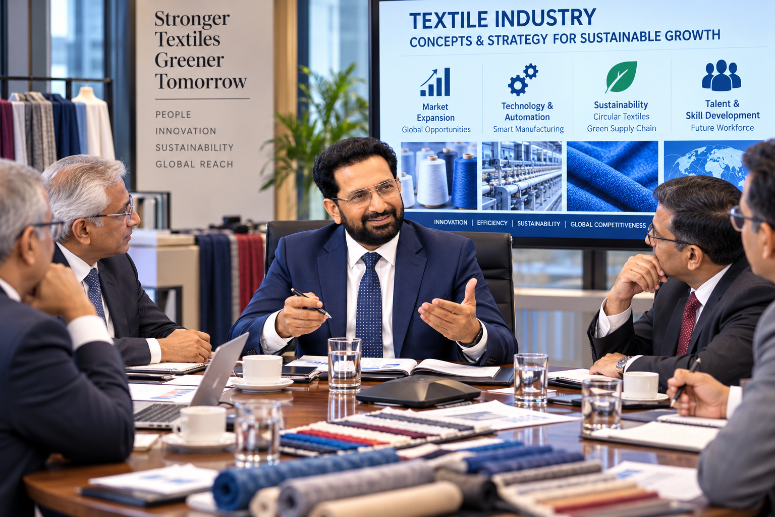 Amrish Bhatt leading a textile industry strategy meeting on sustainable growth