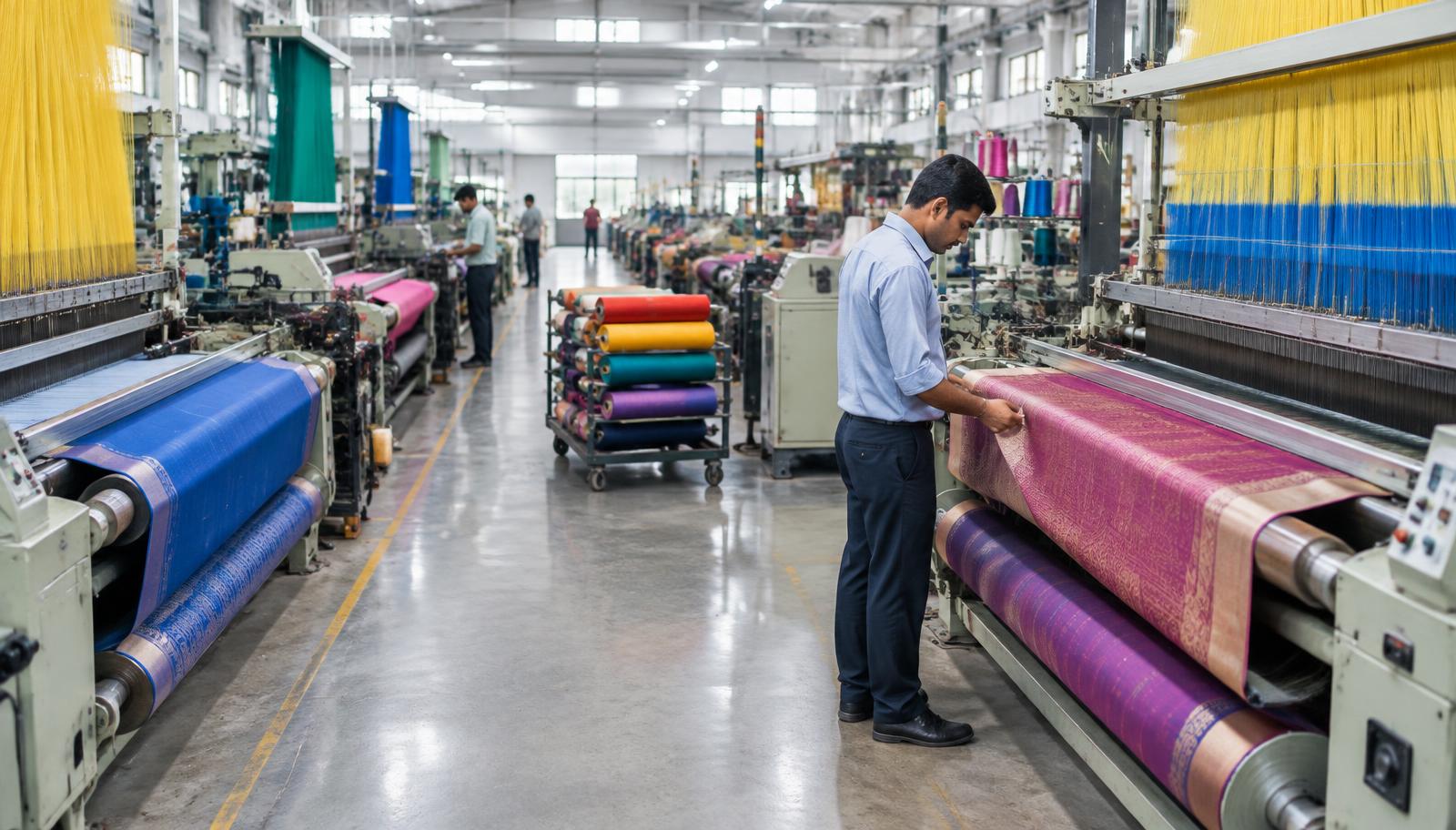 Illustrative textile production scene with weaving looms and fabric inspection